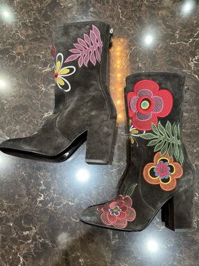 Laurence Dacade Black Suede Heeled Boots with Multicolor Floral Embroidery